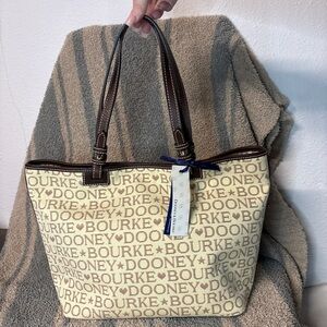 Dooney & Bourke Cream and Brown Logo Print Tote NWT